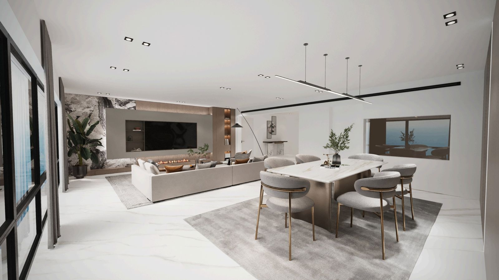 Living and dining, Apartment 403-404, Sharjah — designed with CamCam Interiors.